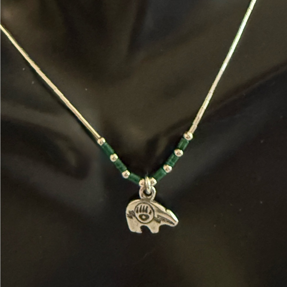 Native American Liquid Silver Malachite Bear Necklace